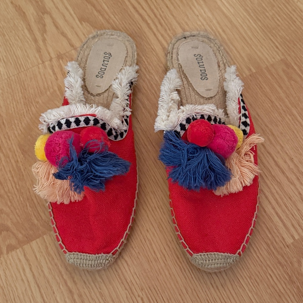 Soludos Red Espadrille Slides with Pom Poms